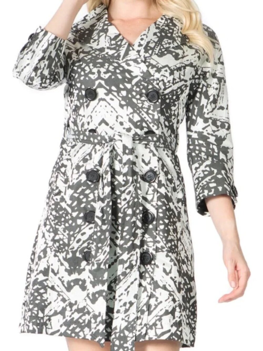 NEW Vertigo Paris Black White Double Breasted Trench Coat Abstract Chevron Med